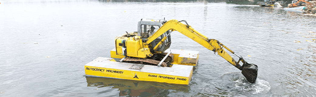 Floating Pontoon, aquatic vegetation removal, rehabilitation, Amphibious Excavator, Floating Pontoon